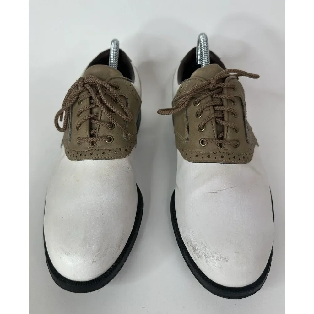 Footjoy Golf Shoes Men's 8 Greenjoys Cleats Lace Up Two Tone Oxford White Tan‎